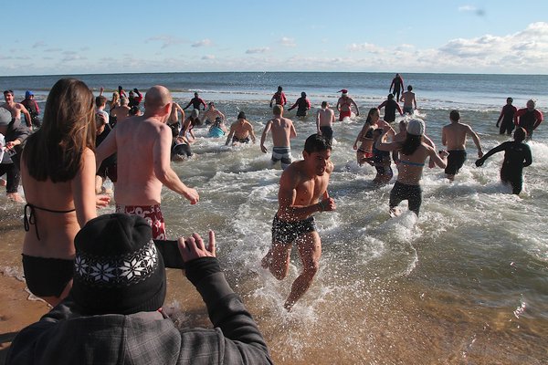 The plunge at Main Beach in East Hampton on New Year's Day.
