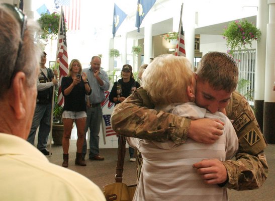 Andrew Kuroski returned to East Quogue on Saturday for the first time in nine months after being deployed to Afghanistan as Army Specialist and Cavalry Scout. His cousin
