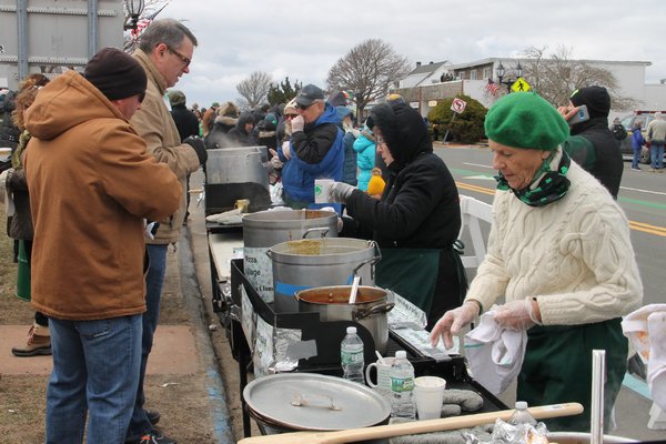 Hot chowder warmed spectators at Montauk's St. Patrick's Day Parade on a chilly Sunday.    KYRIL BROMLEY