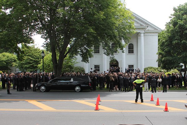 Hundreds turned out for the Krupinski family's funeral service at the First Presbyterian Church in East Hampton on Friday.   KYRIL BROMLEY