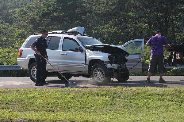 A two-car crash on Montauk Highway in Napeauge caused traffic to be redirected on Friday afternoon. KYRIL BROMLEY