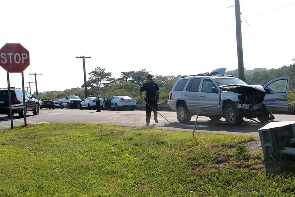 A two-car crash on Montauk Highway in Napeauge caused traffic to be redirected on Friday afternoon. KYRIL BROMLEY