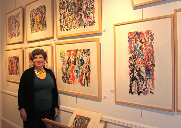 Rosalind Brennerart with her art featured in the Body of Work IV exhibition at Ashawagh Hall