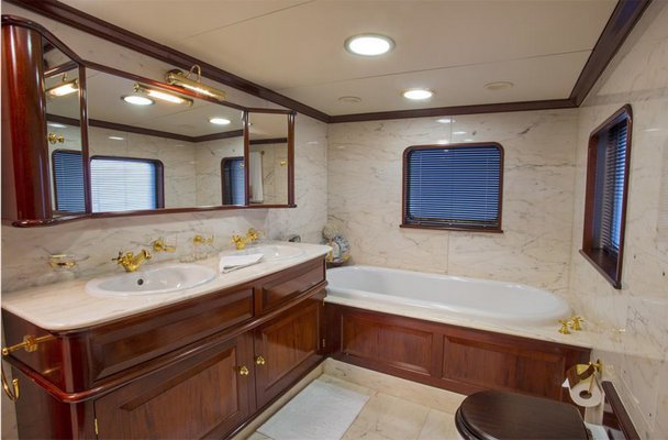 The bathroom of Inuition II's master stateroom.  COURTESY WORTH AVENUE YACHTS