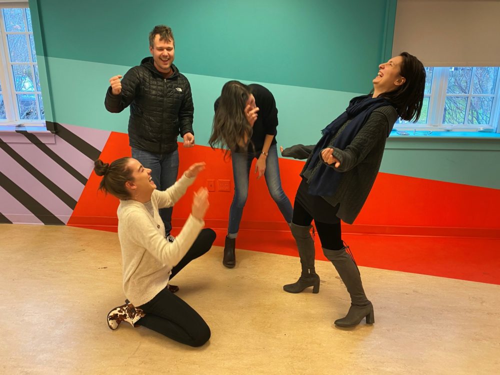 The staff of Guild Hall  warming up for Tina Jones’s upcoming improv class.