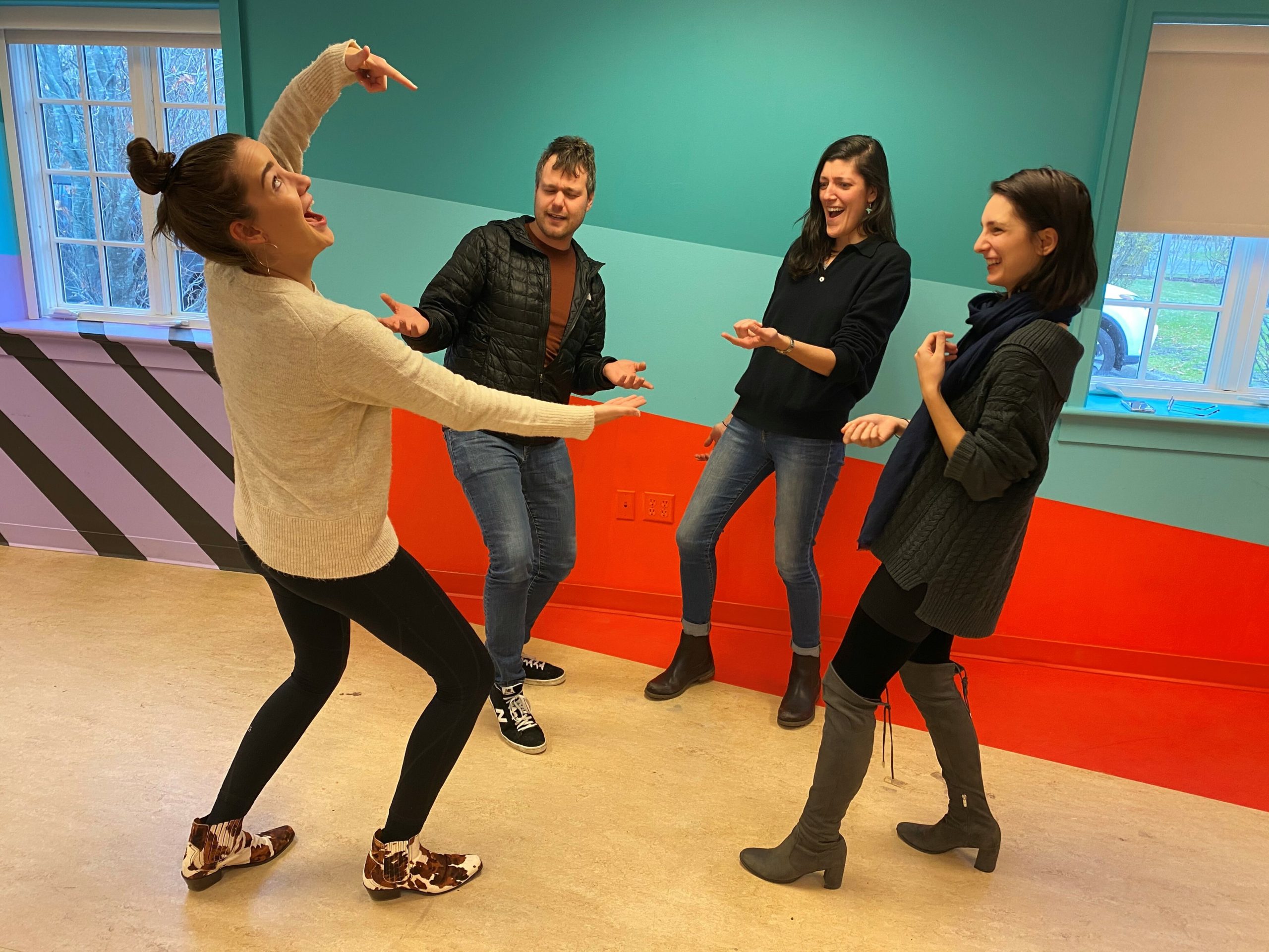 The staff of Guild Hall  warming up for Tina Jones’s upcoming improv class.