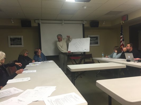 Larry Cantwell explains the layout of the parking lot and restroom facility at the Amagansett Citizens Advisory Committee on Monday. JAIME ZAHL