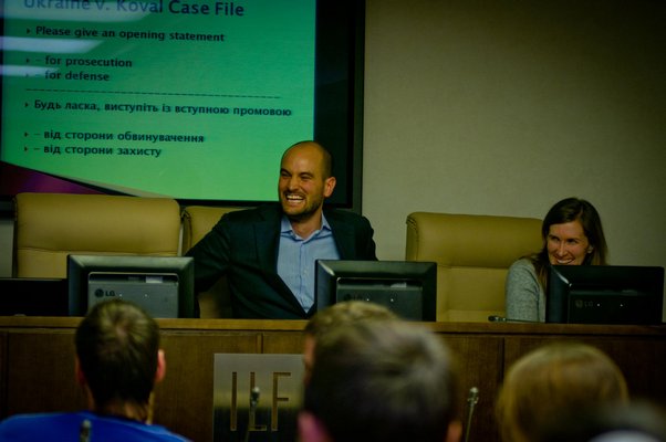 Andrew Strong at a panel discussion in the Ukraine on war crimes trials.