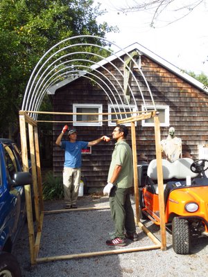Quogue Wildlife Refuge Director Michael Nelson assists with preparations for the 20th annual Spooky Walk. LULU ROMANO