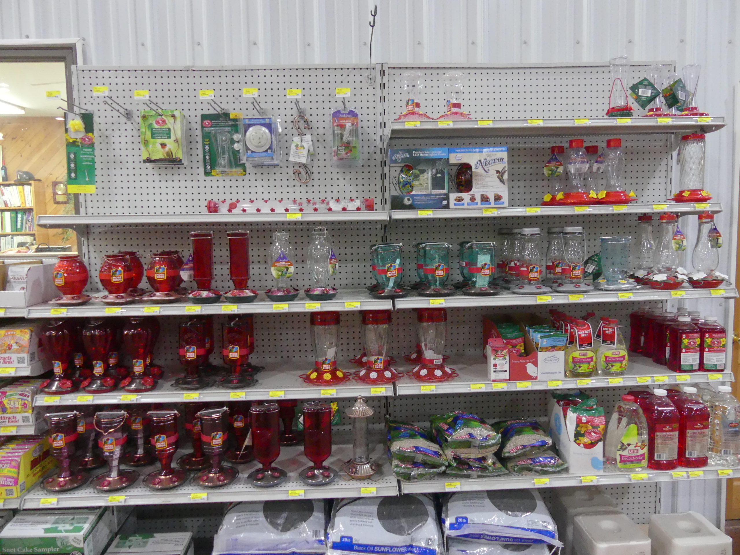 This store had more than a dozen hummingbird feeders to choose from. They are simply reservoirs of sugar water that the birds sip. There’s no need to buy special “nectar.” Just follow the instructions for making a sugar and water brew.