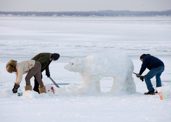  James Henry and Scott Partlow sculpted this grizzly polar bear scene on Long Beach in Sag Harbor this weekend.