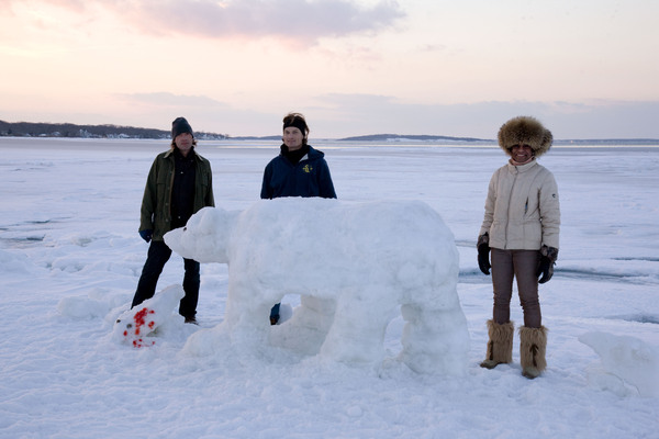  James Henry and Scott Partlow sculpted this grizzly polar bear scene on Long Beach in Sag Harbor this weekend.