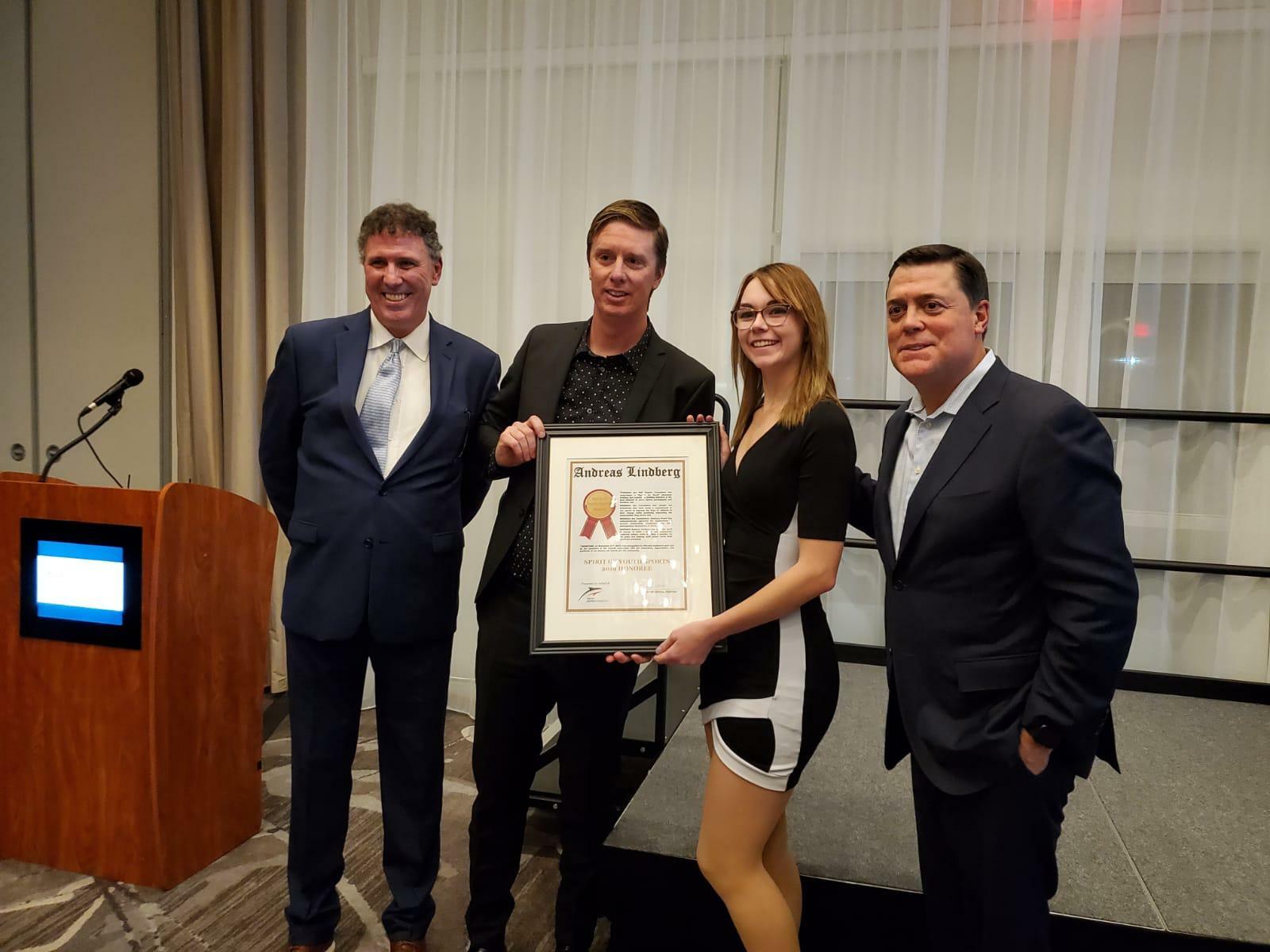 Andreas Lindberg was honored at the inaugural Spirit of Youth Sports Awards, hosted by the WVI Dolphin Foundation at the Residence Inn by Marriott in Riverhead in November, for his work with the Southampton Soccer Club.