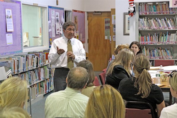 Montauk School District Superintendent Philip Perna discusses the district's 2012-13 budget at a school board meeting in April of 2012.