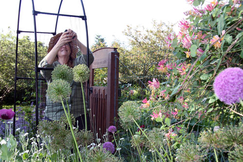 Ms. Peterson works on a garden trellis.
