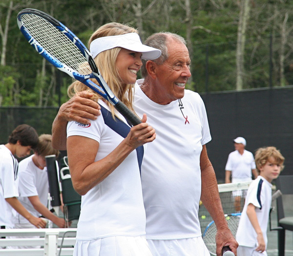 Christie Brinkley with tennis coach Nick Bollettieri at the Ross School's Grand Slam celebrity tennis exhibition on Sunday to raise money for scholarships and programs.