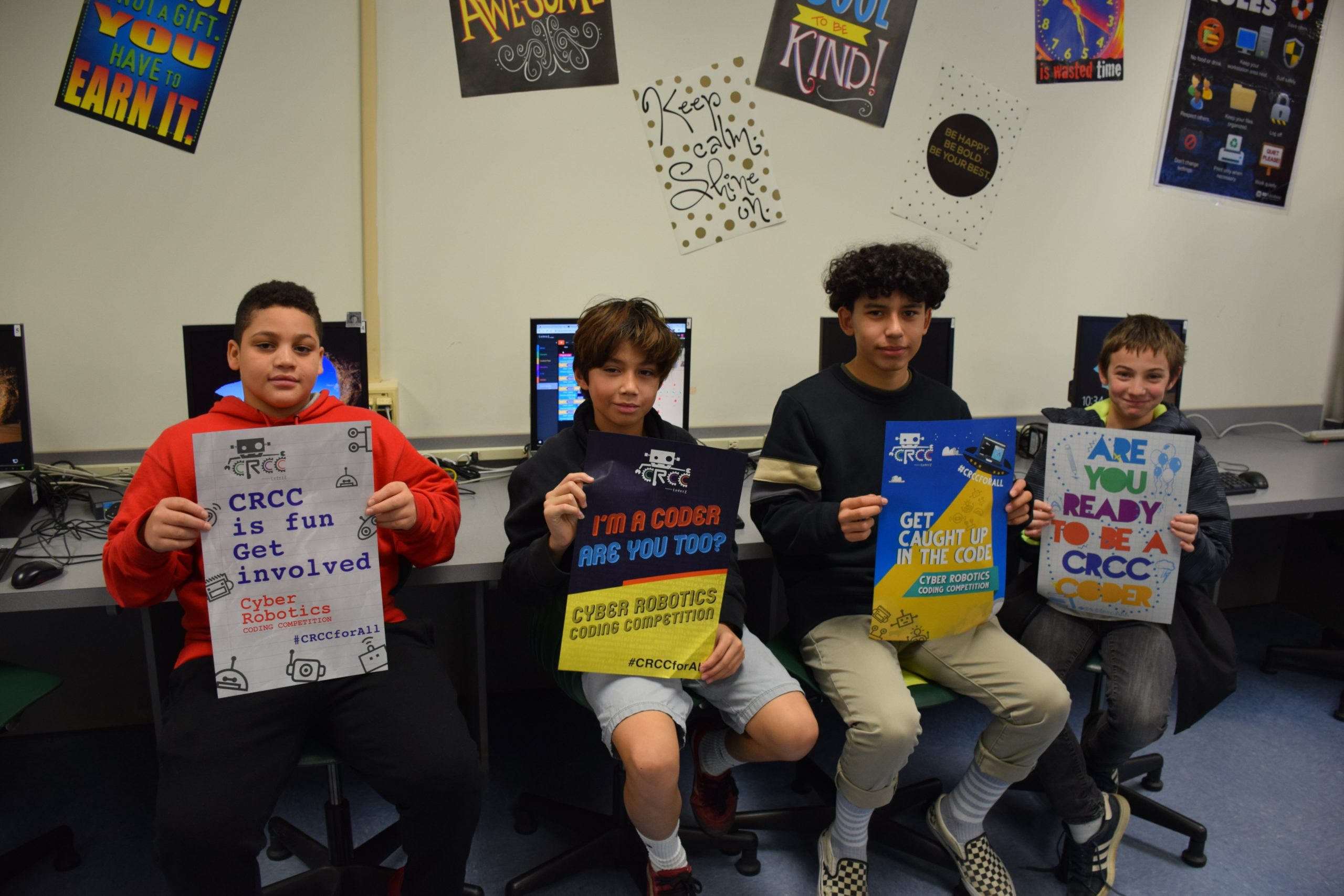 Southampton Intermediate School students, from left, Dyson Smith, Bryan Rosales, Danny Bustamante and Thomas Dunkirk will be representing their school at the CoderZ Cyber Robotics Coding Competition finals on December 13. To earn a spot in the competition, the Southampton seventh and eighth graders, under the direction of teachers Mei-Lynn Guerrero and Michelle Antonucci, competed against 30 schools in several rounds of timed, online coding qualification challenges.