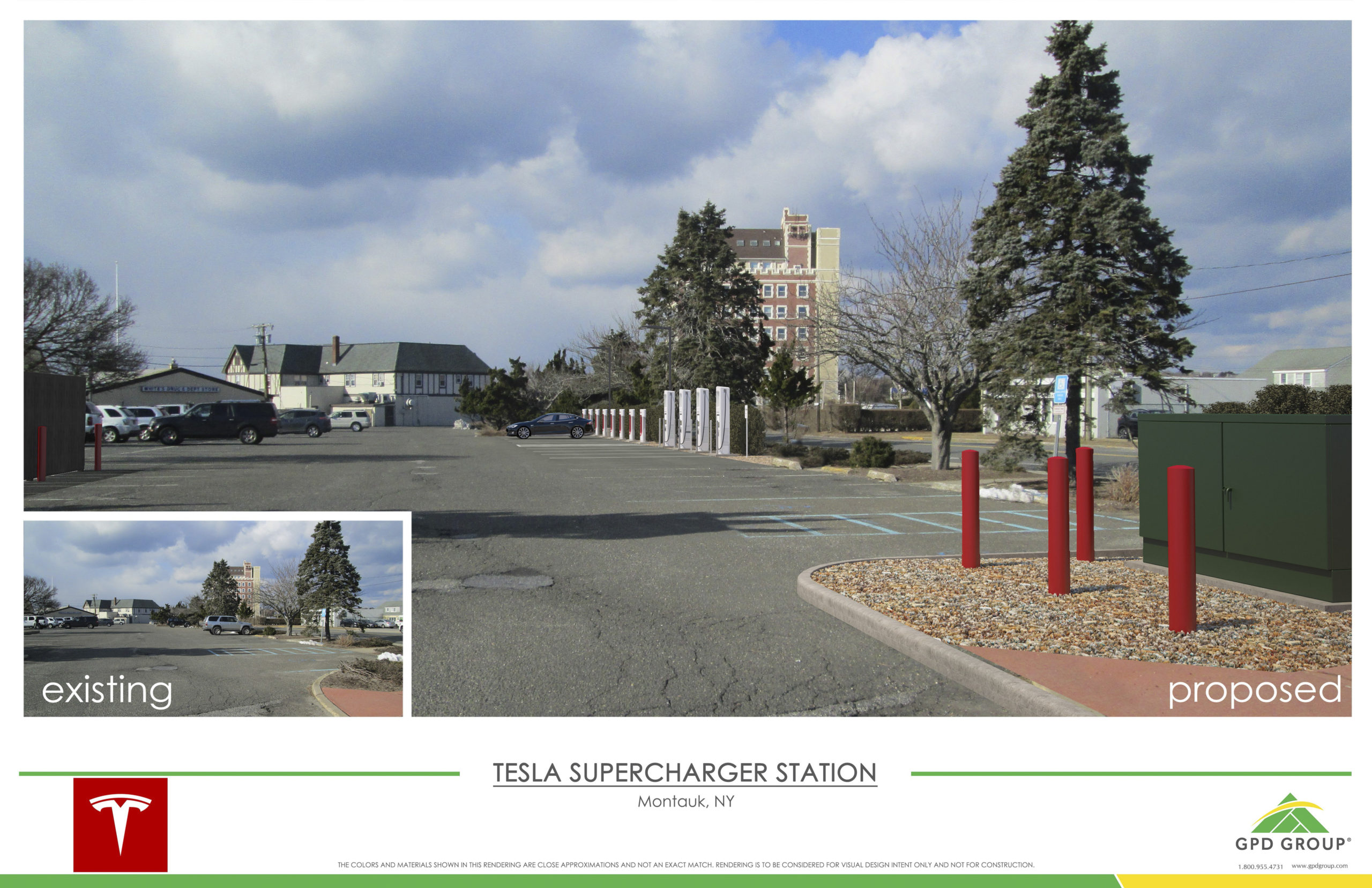 Renderings of the proposed charging stations that Tesla and Electrify America have proposed installing in Montauk. 