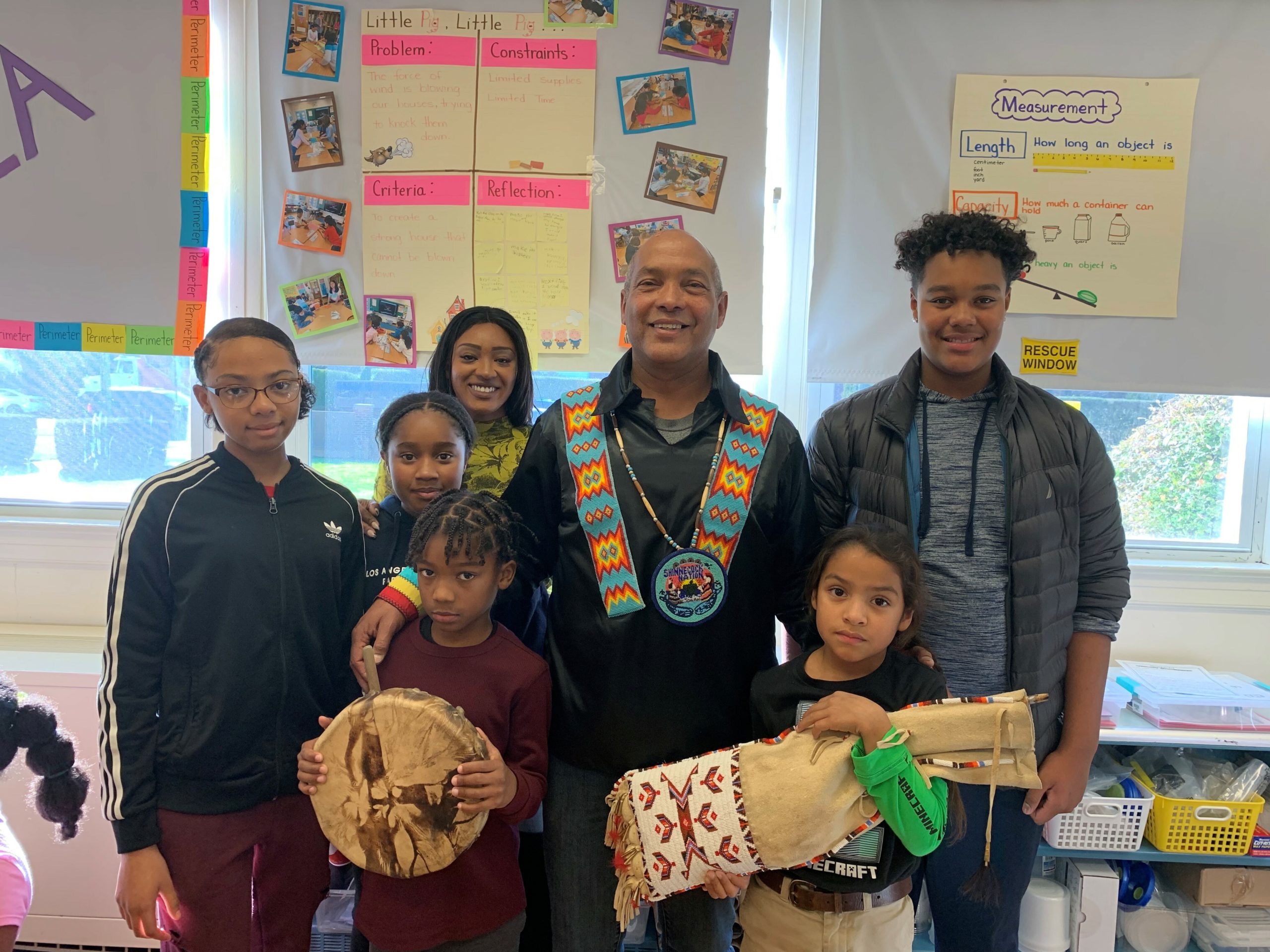 On Thursday, November 21, members of the Shinnecock Nation offered a presentation to third-graders in honor of Native American Heritage month. The presentation included the sharing of Native American folktales, beliefs, traditions, and food. Students sampled homemade fry bread and watched the performance of a Native American song.