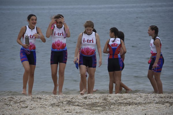 Members of the i-tri group get set for the Hamptons Youth Triathlon at Long Beach in Sag Harbor prior to the thunderstorms that came in and cancelled the event on Thursday
