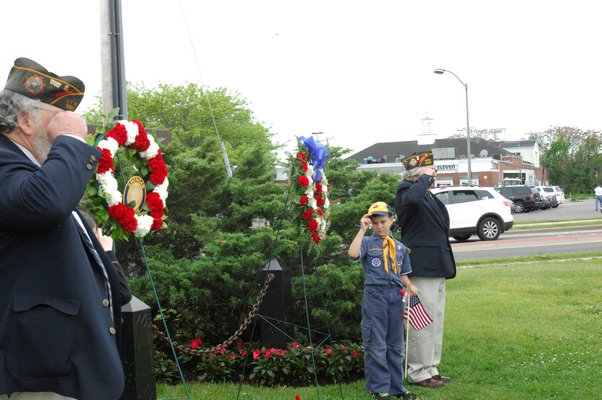 Wreaths are placed at the Jordan C. Haerter memorial in Sag Harbor on Monday morning.