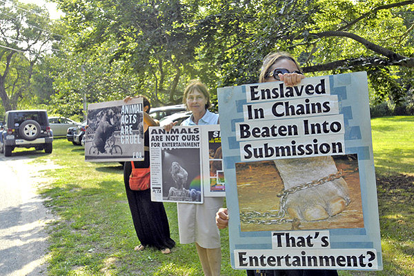 Animal activists protest the Cole Brothers Circus on East Gate Road in Southampton Village on Monday evening.  DANA SHAW