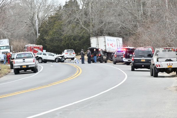 A portion of Montauk Highway was closed on Friday afternoon after an accident involving a box truck and an SUV.    DANA SHAW