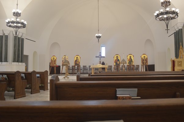 The center aisle of the newly constructed Dormition of the Virgin Mary Greek Orthodox Church