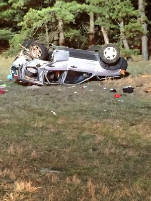 One person was flown to Stony Brook University Hospital in critical condition after the two-car crash early Sunday morning. COURTESY EASTPORT FIRE DEPARTMENT