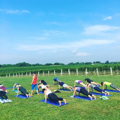 An outdoor yoga class at the Wolffer Estate Vineyard in Sagaponack led by Charity Joy Robinson. COURTESY CHARITY JOY ROBINSON