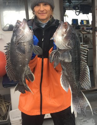 Shinnecock Star mate and Montauk resident Deena Lippman with a couple of the last black sea bass caught on 2017