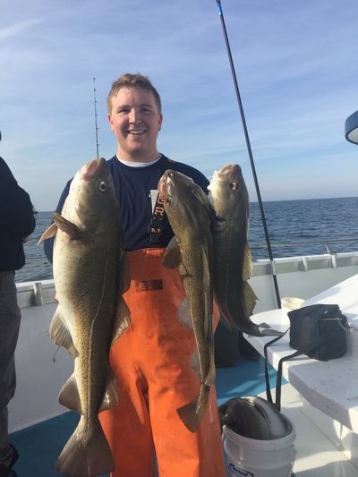Phil Schnell with a brace of cod from a recent trip aboard the Miss Montauk.  Deena Lippman