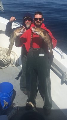 Joe Gallo and company clowning around with a couple steaker cod caught over the weekend aboard the Hampton Lady. Courtesy the Hampton Lady