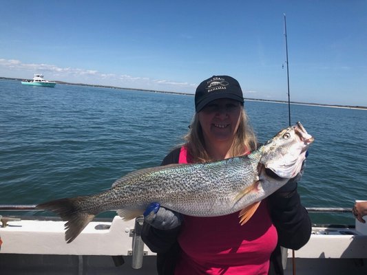 Paula Pruessen decked this nice 8 pound weakfish aboard the Shinnecock Star this past week. Deena Lippman/Shinnecock Star