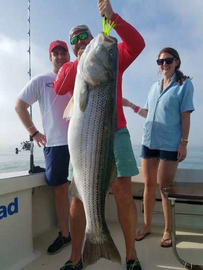 Big stripers arrived in Montauk last week and the customers and crew of the charter boat Double D were ready and waiting.  Capt. Dan Giunta