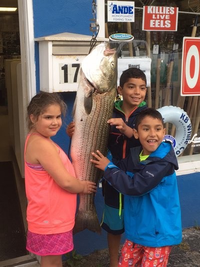 The Bennett family came home from a journey out the Shinnecock Inlet with a big striped bass for the Sunday night grill. Courtesy of East End Bait & Tackle
