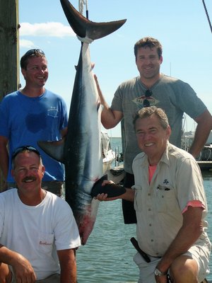 Kip Molnar and the crew of the Bahama Bro landed this 130 pound mako shark while fishing off Hampton Bays last week. Lanny Molnar