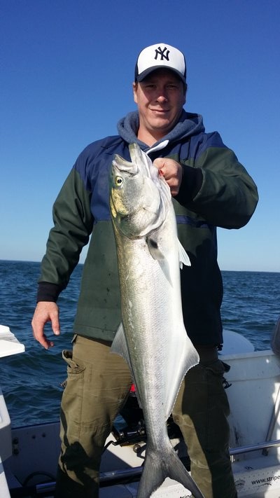 Brett Richardson with a big bluefish caught in Gardiners Bay last week. M. Wright