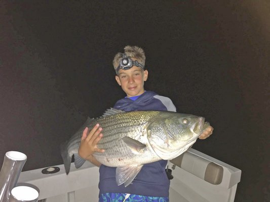 Reagan Segarra with one of several big stripers caught off Montauk last weekend with his brother Gus and dad Pedro.