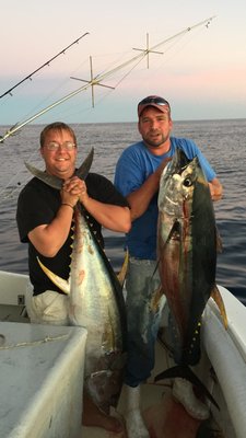 The yellowfin tuna bite in the canyons is still going strong when the weather allows boats to reach the warm water offshore. Darrell Michaels and Mike Ferrara got these nice yellows on a recent trip.