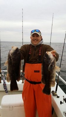 Chris Geminski with a pair of big blackfish caught last month aboard the Viking Fivestar charter boat. Courtesy the Viking Fleet