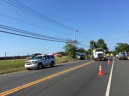 An early morning crash in Water Mill closed part of Montauk Highway on Monday. LAURA WEIR