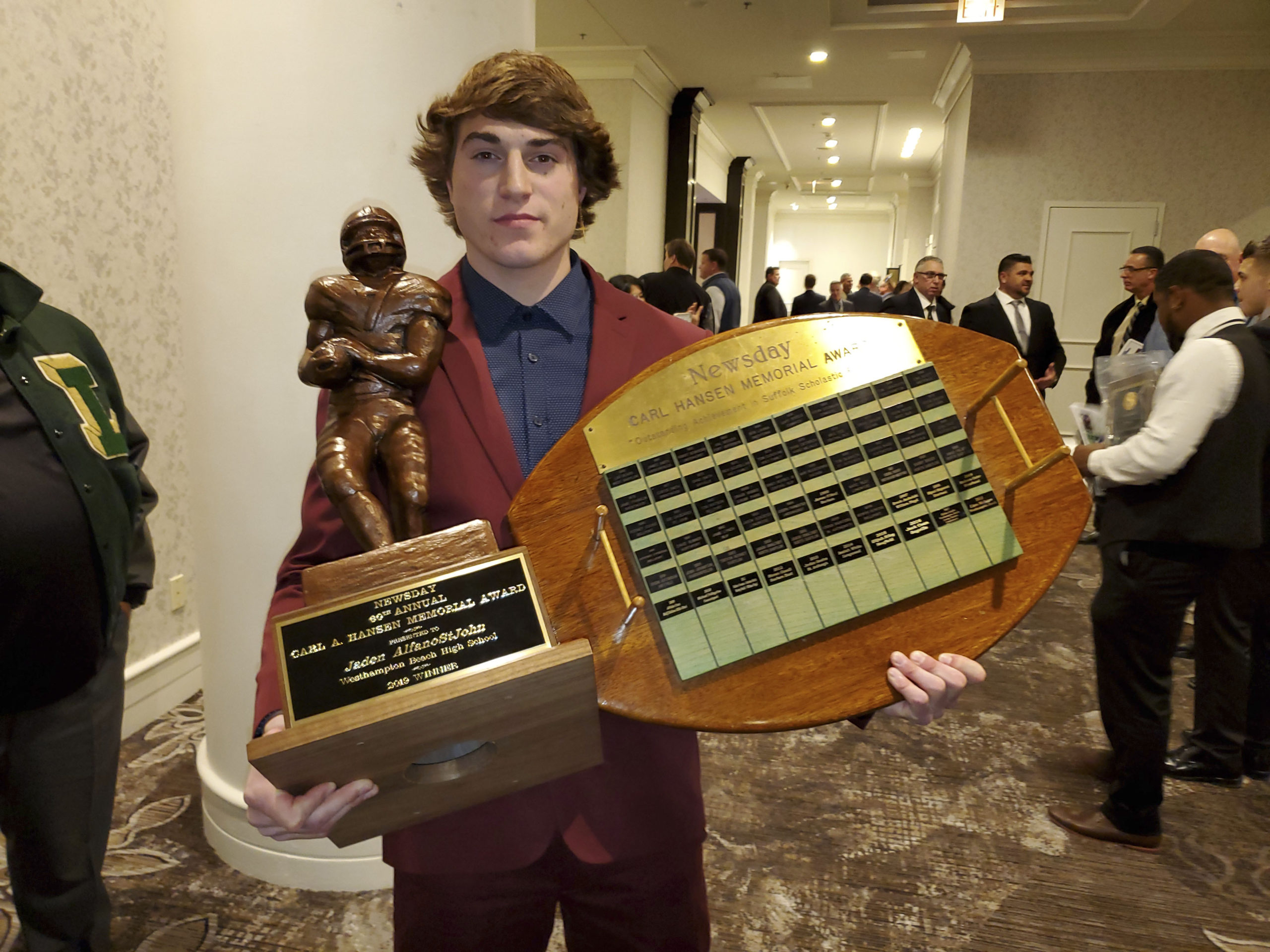 Welcome To Hansenville 
December 5 -- Jaden AlfanoStJohn of Westhampton Beach became the third consecutive Hurricane to win the coveted Carl A. Hansen Award, named after former Westhampton Beach varsity head coach and athletic director and given to the top player in Suffolk County football.