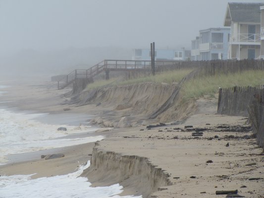 100-foot revetment constructed in Montauk last winter were exposed by erosion in front of the Royal Atlantic Hotel this week. Michael Wright