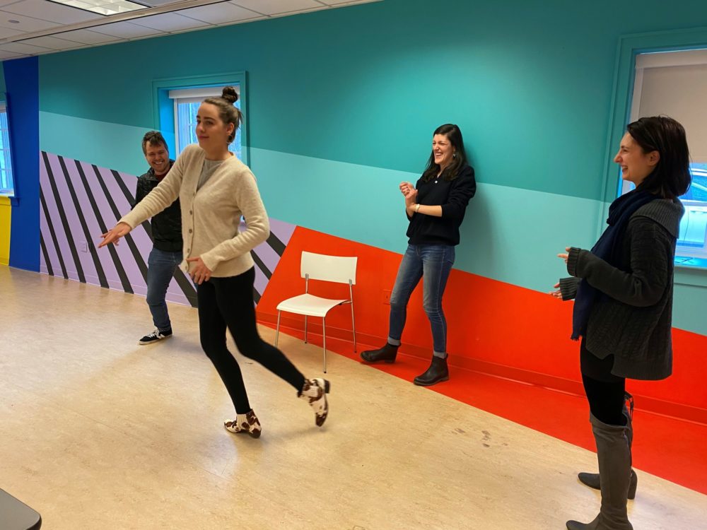 The staff of Guild Hall  warming up for Tina Jones’s upcoming improv class.