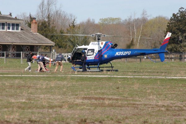 A victim of a fall was airlifted to Stony Brook Hospital from 555 Montauk Highway in Amagansett on Thursday morning. MICHAEL WRIGHT