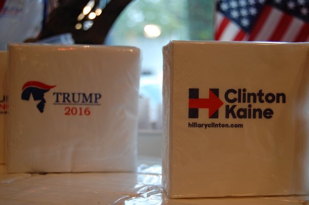 Hillary Clinton and Donald Trump's presidential campaign napkins on display at the Monogram Shop in East Hampton. Jon Winkler