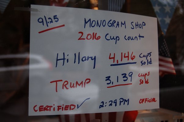 The most recent count of presidential cups sold at the Monogram Shop. JON WINKLER