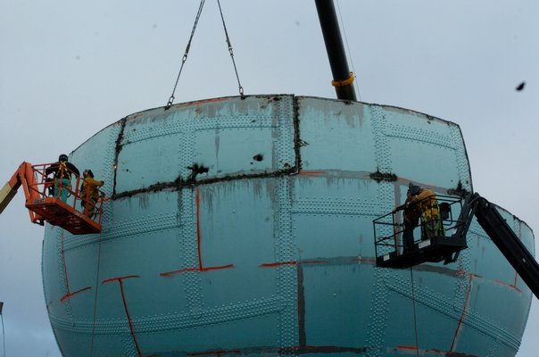 The gas ball being dismantled in Sag Harbor in the sping of 2006.  PRESS FILE