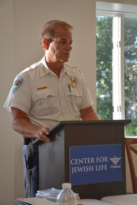 Southampton Town Police Chief Steven Skrynecki at the opioid forum at the Center for Jewish Life - Chabad in Sag Harbor. DOROTHY MAI
